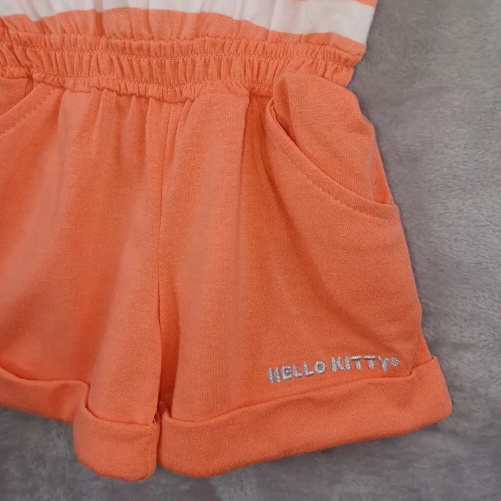 Hello Kitty Girls Shorts Romper Outfit Size 2T Orange Sequin Cat Face Ruffle NWT
